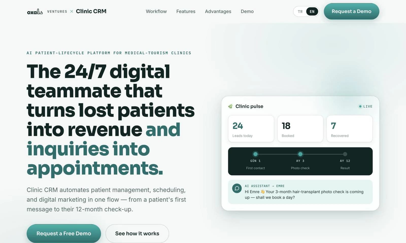 The Clinic CRM site. Its headline reads: the 24/7 digital teammate that turns lost patients into revenue and inquiries into appointments.