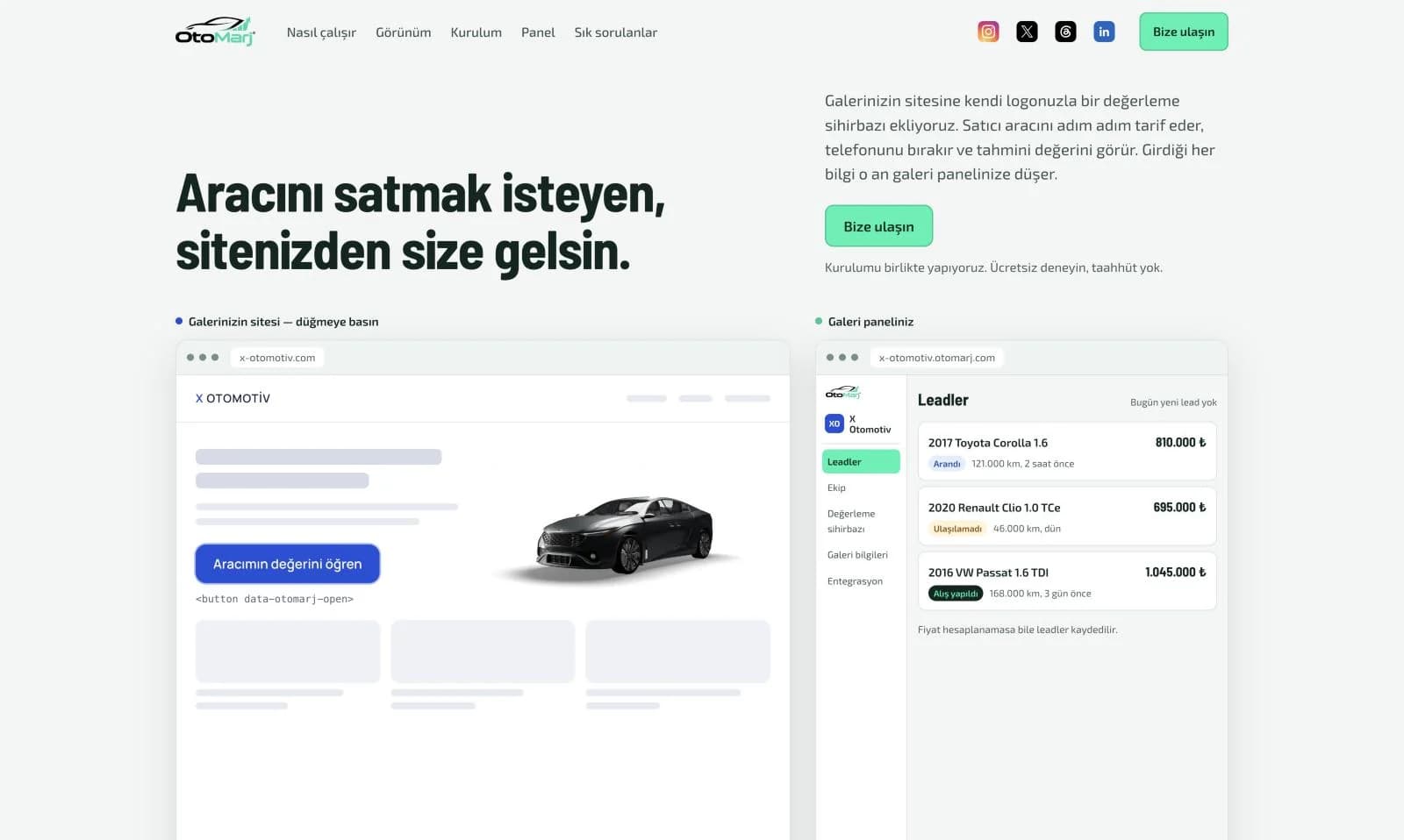 The OtoMarj site, in Turkish. Its headline reads: people who want to sell their car come to you from your own site. Below it, a dealer site with a value button and the dealer's lead panel.